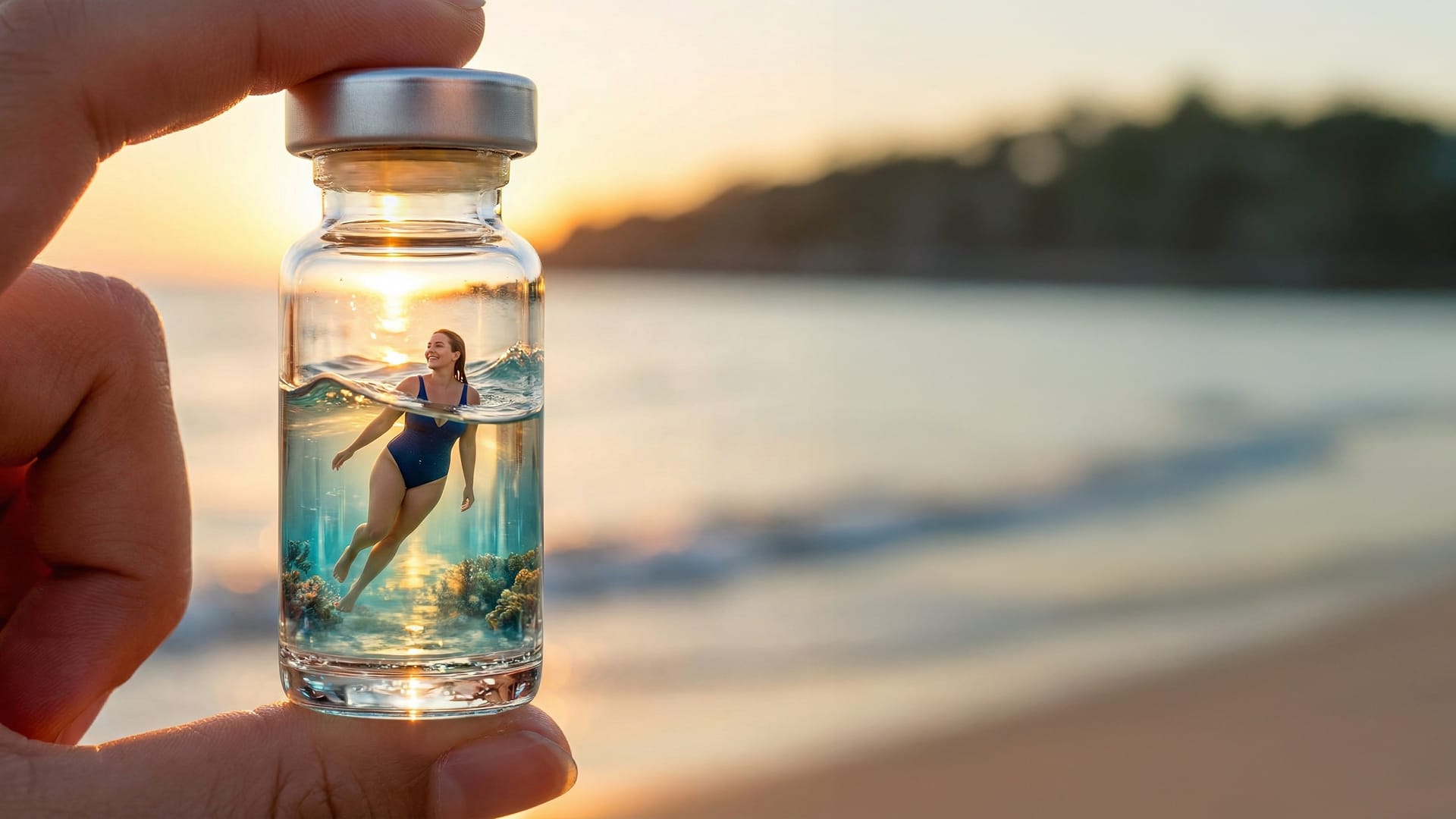 Person in a swimsuit floating peacefully in ocean water inside a small medical vial held between two fingers at the beach.