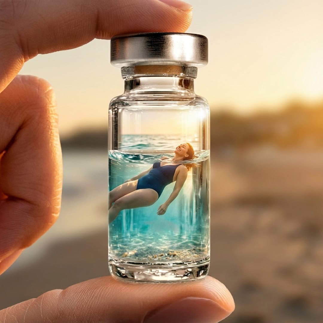Person in a swimsuit floating peacefully in ocean water inside a small medical vial held between two fingers at the beach.