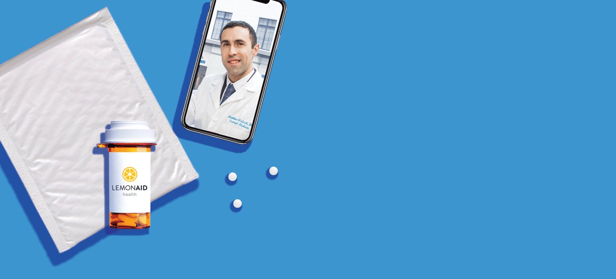 Banner image with phone, pills bottle and envelope