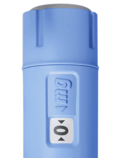 An image of a blue end cap injector pen.