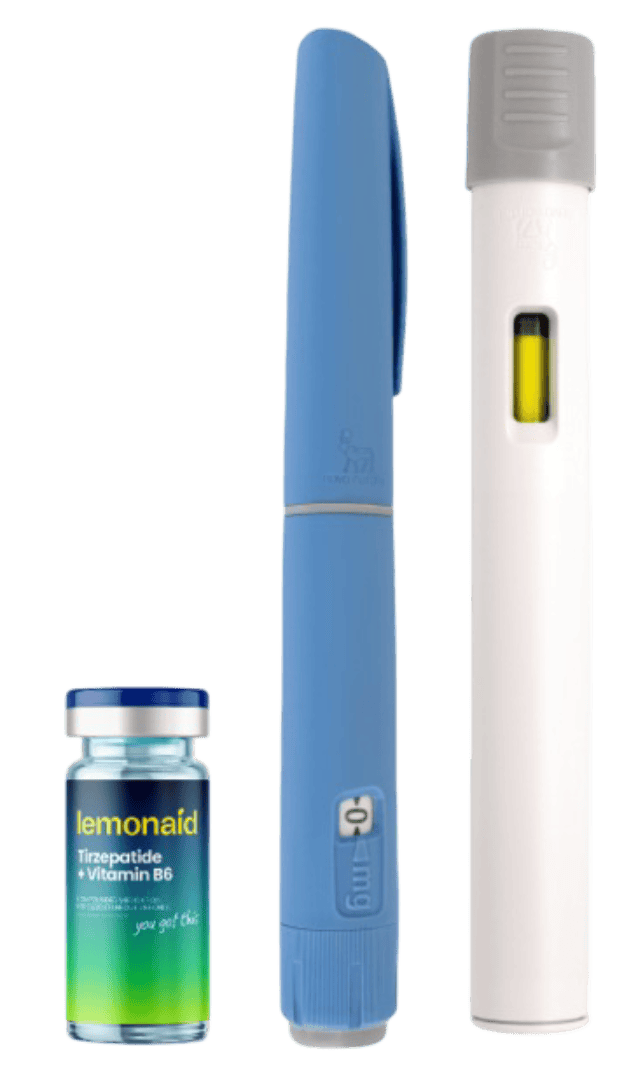 A vial and two injection pens for medication.