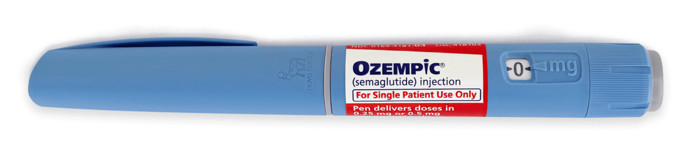Image of a weight loss injection pen labeled "Ozempic" (semaglutide). Text above it reads "$49/mo weight loss membership."