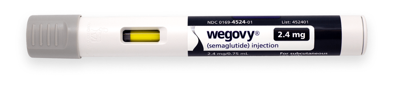 Image of a weight loss injection pen labeled "Wegovy" (semaglutide). Text above it reads "$49/mo weight loss membership".